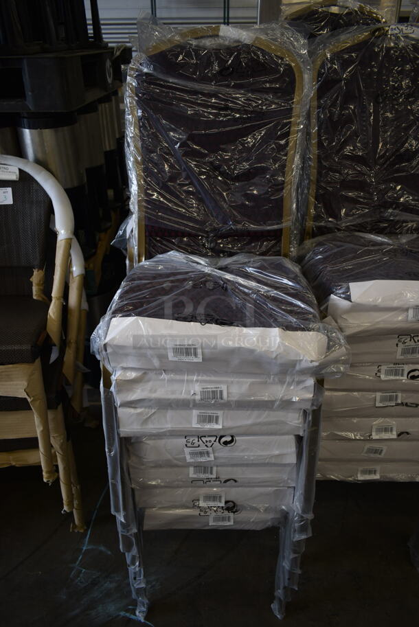 116 BRAND NEW SCRATCH AND DENT! Lancaster Table & Seating 164BNQCRBRG Burgundy Pattern Fabric Crown Back Stackable Banquet Chair with Gold Vein Frame. 116 Times Your Bid! - Image 3 of 8