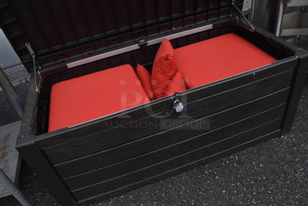 Wood Pattern Poly Chest w/ 8 Red Seat Cushions and 3 Pillows. 60.5x28.5x25.5 - Image 7 of 9