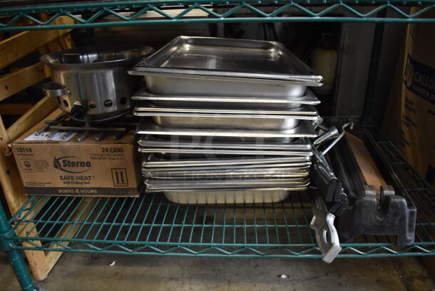 ALL ONE MONEY! Tier Lot of Various Items Including Stainless Steel Drop In Bins, Barrel Opener and Sterno Fuel