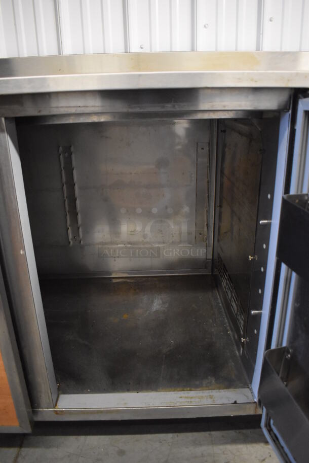 2011 Duke RBC-60M Stainless Steel Commercial 2 Door Work Top Cooler w/ Wood Pattern Doors on Commercial Casters. 120 Volts, 1 Phase. 60x30x40. Tested and Working! - Image 7 of 8
