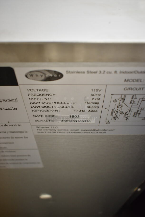 BRAND NEW SCRATCH AND DENT! Whynter BOR-326FS Stainless Steel Mini Single Door Outdoor Cooler. 3.2 cu. ft. 115 Volts, 1 Phase. Tested and Working! - Image 6 of 6