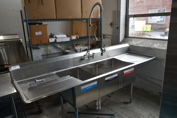 John Boos Stainless Steel Commercial 3 Bay Sink w/ Dual Drain Boards, Faucet, Handles and Spray Nozzle Attachment. Bays 18x24. Drain Boards 22x26