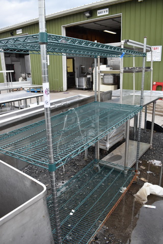 Green and Chrome Finish 3 Tier Wire Shelving Unit on Commercial Casters. BUYER MUST DISMANTLE. PCI CANNOT DISMANTLE FOR SHIPPING. PLEASE CONSIDER FREIGHT CHARGES. 60x24x68
