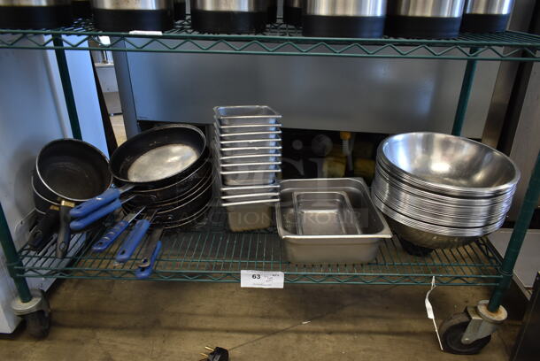 ALL ONE MONEY! Tier Lot of Various Items Including Metal Skillets, Metal Bowls and Stainless Steel Drop In Bins. - Image 1 of 3