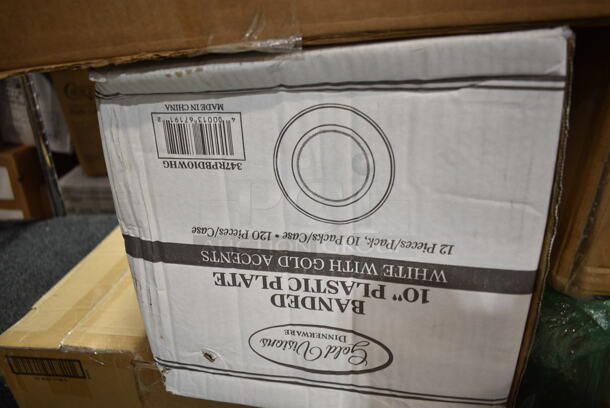 PALLET LOT of 24 BRAND NEW Boxes Including BWK PRTN1TS Boardwalk Portion Cups, 303BWNRP9 Acopa 9 5/8" Bright White Narrow Rim Stoneware Plate - 24/Case, 347RPBD10WHG Visions 10" White Plastic Plate with Gold Bands - 120/Case, 129MCR50B Choice 43 oz. Black Round Microwavable Heavy Weight Container with Lid 9" - 150/Case, 36921003 Carlisle 36921003 Trimline Black Slim Trash Can Dolly, 248WIPERCPDR Noble Products Disposable Center Pull Dry Wipe Refill - 180 Sheets per Roll - 6/Case, 129MCR24W Choice 24 oz. White 7 1/4" Round Microwavable Heavy Weight Container with Lid - 150/Case, 795PTOKFT4 Choice Kraft Microwavable Folded Paper #4 Take-Out Container 7 3/4" x 5 1/2" x 3 1/2" - 160/Case, 18218X5HD Berry AEP 1504454 18" x 5280' Heavy-Duty Miler Film with Serrated Blade, 50012W Choice 12 oz. White Poly Paper Hot Cup - 1000/Case, 16 fl oz PET Ring neck. 24 Times Your Bid! - Image 4 of 12