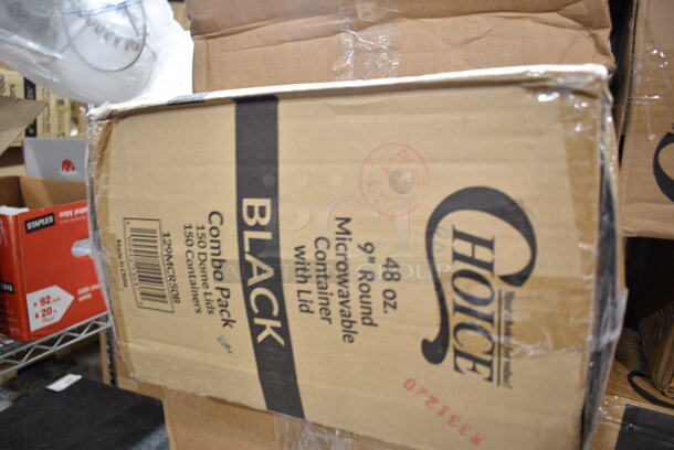 PALLET LOT of 24 BRAND NEW Boxes Including BWK PRTN1TS Boardwalk Portion Cups, 303BWNRP9 Acopa 9 5/8" Bright White Narrow Rim Stoneware Plate - 24/Case, 347RPBD10WHG Visions 10" White Plastic Plate with Gold Bands - 120/Case, 129MCR50B Choice 43 oz. Black Round Microwavable Heavy Weight Container with Lid 9" - 150/Case, 36921003 Carlisle 36921003 Trimline Black Slim Trash Can Dolly, 248WIPERCPDR Noble Products Disposable Center Pull Dry Wipe Refill - 180 Sheets per Roll - 6/Case, 129MCR24W Choice 24 oz. White 7 1/4" Round Microwavable Heavy Weight Container with Lid - 150/Case, 795PTOKFT4 Choice Kraft Microwavable Folded Paper #4 Take-Out Container 7 3/4" x 5 1/2" x 3 1/2" - 160/Case, 18218X5HD Berry AEP 1504454 18" x 5280' Heavy-Duty Miler Film with Serrated Blade, 50012W Choice 12 oz. White Poly Paper Hot Cup - 1000/Case, 16 fl oz PET Ring neck. 24 Times Your Bid! - Image 5 of 12