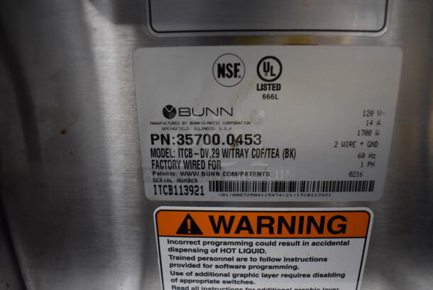 2016 Bunn ITCB-DV Stainless Steel Commercial Countertop Iced Tea Machine w/ Hot Water Dispenser. 120 Volts, 1 Phase. 10.5x24x35.5 - Image 7 of 7