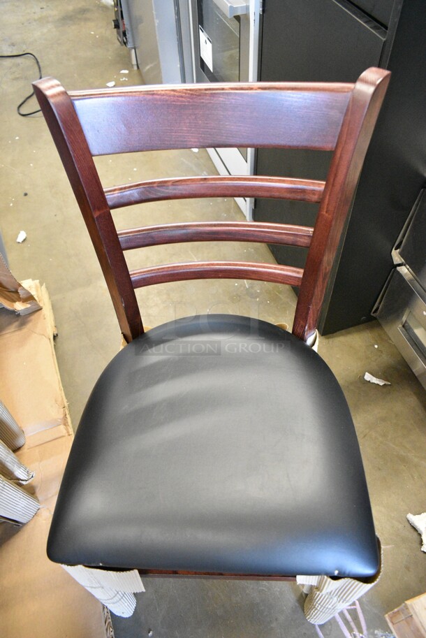 8 BRAND NEW SCRATCH AND DENT! Lancaster Table & Seating 164CLADMAHFR Wooden Dining Height Ladder Back Chair w/ Black Cushion. 8 Times Your Bid! - Image 4 of 8