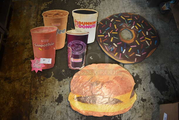 4 Various Signs; Smoothie/Coffee Cups, Coffee Cups, Donut and Breakfast Sandwich. Includes 15x1x26. 4 Times Your Bid!