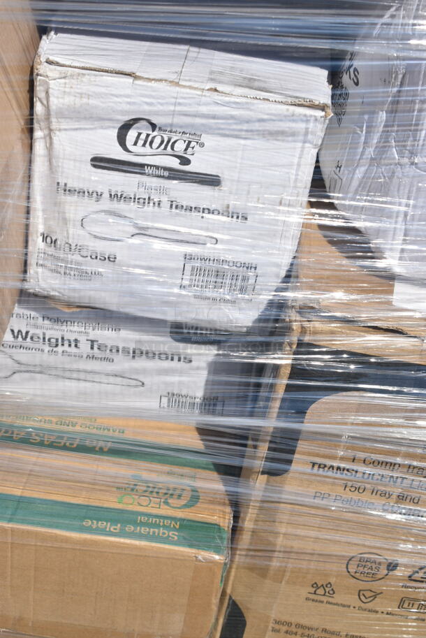 PALLET LOT of 33 BRAND NEW Boxes Including 130WBKSPOONH Choice Black Heavy Weight Wrapped Plastic Teaspoon - 1000/Case, 129MCS28B Choice 28 oz. Black Rectangular Microwavable Heavy Weight Container with Lid 8 3/4" x 6 1/4" x 1 3/4" - 150/Case, 2 Box 128HD8COMBO ChoiceHD 8 oz. Microwavable Translucent Plastic Deli Container and Lid Combo Pack - 240/Case, 129MCS242CB Choice 30 oz. Black 8 3/4" x 6" x 2 3/4" 2-Compartment Rectangular Microwavable Heavy Weight Container with Lid - 150/Case, 2 Box 130WHSPOONH Choice White Heavy Weight Plastic Teaspoon - 1000/Case, 130BKFKSNH Choice Black Heavy Weight Wrapped Plastic Cutlery Pack with Napkin - 500/Case, 500TO993C3 Choice 9" x 9" x 3" Microwaveable 3-Compartment Black / Clear Plastic Hinged Container - 100/Case, 795PTOBK8 Choice Black Microwavable Folded Paper #8 Take-Out Container 6" x 4 3/4" x 2 1/2" - 300/Case, 127P2C Choice Clear Plastic Souffle Cup / Portion Cup - 2 oz. - 2500/Case, 4 Box 130BFORKWP Choice Individually Wrapped Medium Weight Black Plastic Fork - 1000/Case, 795PTOKFT8 Choice Kraft Microwavable Folded Paper #8 Take-Out Container 6" x 4 3/4" x 2 1/2" - 300/Case, 612D3COMP Choice 8 1/2"x 6 3/8" 3-Compartment Oblong Foil Take-Out Container with Board Lid - 250/Case, 795PTOBK8 Choice Black Microwavable Folded Paper #8 Take-Out Container 6" x 4 3/4" x 2 1/2" - 300/Case, 127CH04 Choice 4 oz. Clear RPET Hinged Deli Container - 400/Case, 347BP10C3BK Choice 10 1/4" 3-Compartment Black Plastic Plate - 500/Case. 33 Times Your Bid!  - Image 7 of 12
