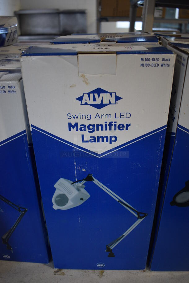 4 BRAND NEW IN BOX! Alvin ML100-DLED White Swing Arm LED Magnifier Lamps. 4 Times Your Bid!