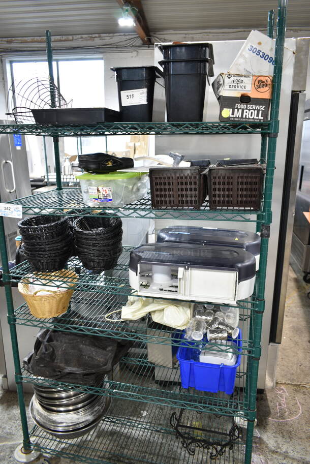 ALL ONE MONEY! 6 Tier Lot of Various Items Including Bread Baskets, Poly Drop In Bins, Toilet Paper Dispensers, Metal Bowls and Baking Pan Loaf Liners. Does Not Include Shelving Unit. - Item #1114421