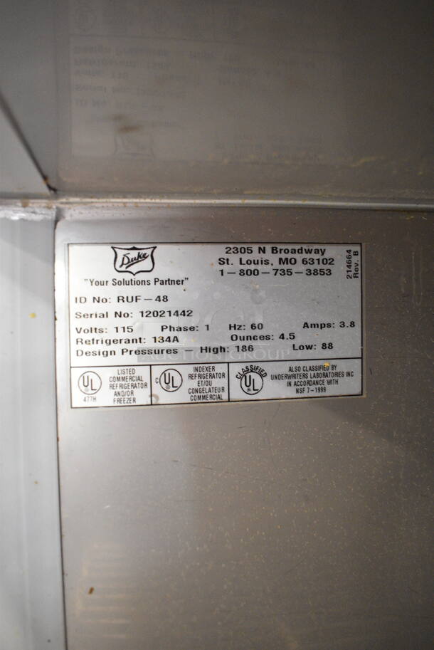Duke RUF-48 Stainless Steel Commercial 2 Door Work Top Cooler w/ Nemco Vegetable Slicer on Mount. 120 Volts, 1 Phase. Tested and Working! - Image 8 of 9