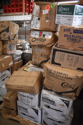 PALLET LOT of 25 BRAND NEW Boxes Including 12224X1HD Choice 24" x 1000' Food Service Heavy-Duty Aluminum Foil Roll, 129MCS38B Choice 38 oz. Black Rectangular Microwavable Heavy Weight Container with Lid 8 3/4" x 6 1/4" x 2" - 150/Case, 3 Box 130HBKCUTFW Visions Individually Wrapped Black Heavy Weight Plastic Fork - 1000/Case, 127P2C Choice Clear Plastic Souffle Cup / Portion Cup - 2 oz. - 2500/Case, 4070029 Choice Full Size 2 1/2" Deep 24 Gauge Anti-Jam Stainless Steel Steam Table / Hotel Pan, 500MFTN Lavex Natural Brown Kraft M-Fold (Multifold) Towel - 4000/Case, 394365L Noble Products Powder-Free Disposable Clear Vinyl Gloves for Foodservice - Large - 1000/Case. 25 Times Your Bid!