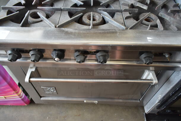 Wolf Stainless Steel Commercial Natural Gas Powered 6 Burner Range w/ Oven, Back Splash and Over Shelf on Commercial Casters.  - Image 7 of 12