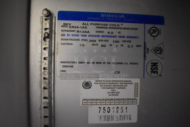 Beverage Air ER24-1AS Stainless Steel Commercial Single Door Reach In Cooler on Commercial Casters. 115 Volts, 1 Phase. 26x33x85. Tested and Working! - Image 5 of 6
