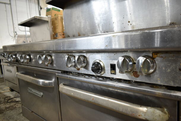 Southbend 460 Stainless Steel Commercial Natural Gas Powered 10 Burner Range w/ 2 Ovens, Over Shelf and Back Splash on Commercial Casters.  - Image 3 of 7