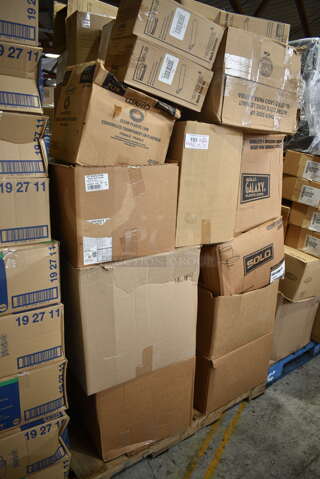 PALLET LOT of 30 BRAND NEW Boxes Including 3 Box Rubbermaid Q851-20 Dust Mops, Honey Mustard, PL2N Dart Clear Plastic Lids, Solo Plastic Cups, 42BR Cups, Solo P325N 3.25 oz. Translucent Polystyrene Souffle Cup / Portion Cup - 2500/Case. 30 Times Your Bid! 