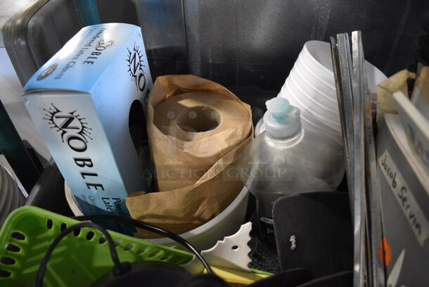 ALL ONE MONEY! Lot of Various Items Including Rolling Pin and Gloves in Black Poly Bus Bin! - Image 2 of 4