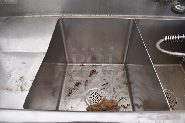 Stainless Steel Commercial 3 Bay Sink w/ 2 Faucets, 2 Handle Set Ups and 2 Spray Nozzle Attachments. 84x27x44. Bays 16x21x14. Drain Boards 16x23x1 - Image 5 of 7