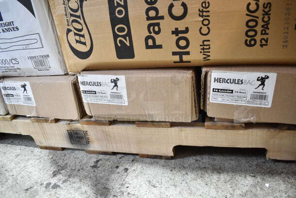 PALLET LOT of 29 BRAND NEW Boxes Including 2 Box Avantco 177FRYGUARD 18 Gauge Stainless Steel Splash Guard for FF and EF Series - 20 1/2" x 18", 2 Box 129MCR16B Choice 16 oz. Black 6 1/4" Round Microwavable Heavy Weight Container with Lid - 150/Case, 128HD16COMBO OneUp by Choice Kraft 2-Ply Wide Interfold 6 1/2" x 8 1/2" Dispenser Napkin - 6000/Case, 500TO883C3 Choice 8" x 8" x 3" Microwaveable 3-Compartment Black / Clear Plastic Hinged Container - 100/Case, 2 Box 500TO993 Choice 9" x 9" x 3" Microwavable 1-Compartment Black / Clear Plastic Hinged Container - 100/Case, 21480CWCCL Cambro 80CWC135 Camwear 1/8 Size Clear Polycarbonate Flat Lid, 2 Box 760SOUP8KFT EcoChoice 8 oz. Kraft Paper Food Cup with Vented Lid - 250/Case, 2 Box 50020C Choice 20 oz. Coffee Print Poly Paper Hot Cup - 600/Case, 3 Box 5014455HVY Lavex Hercules 56 Gallon 2 Mil 44" x 55" Low Density Heavy-Duty BlackCan Liner / Trash Bag - 50/Case, 130HCUTKWR Visions Individually Wrapped White Heavy Weight Plastic Knife - 1000/Case, Fineline 42RCL2432 Conserveware PETE Dome Lid for 24/32 oz. Rectangular Bowls - 300/Case, 130WSPOON Choice Medium Weight White Plastic Teaspoon - 1000/Case, 760BB12 Carnival King 12 oz. Clear Plastic Banana Split Boat - 500/Case, Bar Height Stool. 29 Times Your Bid! - Image 9 of 12