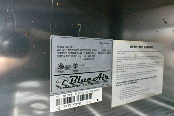 Blue Air BSF72T Stainless Steel Commercial 3 Door Reach In Freezer on Commercial Casters. 115/208-240 Volts, 1 Phase.  - Image 7 of 7