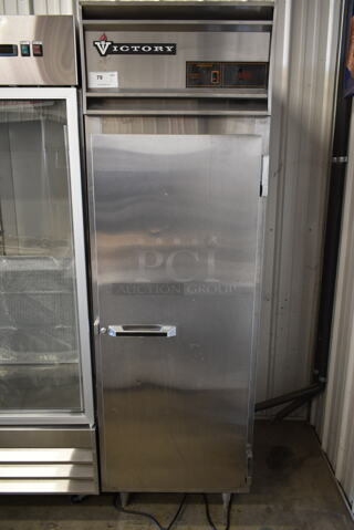 Victory Stainless Steel Commercial Single Door Reach In Freezer w/ Poly Coated Racks. Tested and Does Not Power On