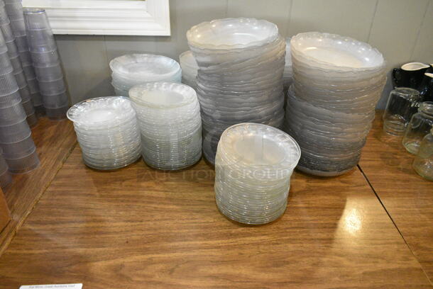 Wood Pattern Dining Height Table w/ Contents Including Clear Salad Plates. (main dining room) - Image 2 of 4