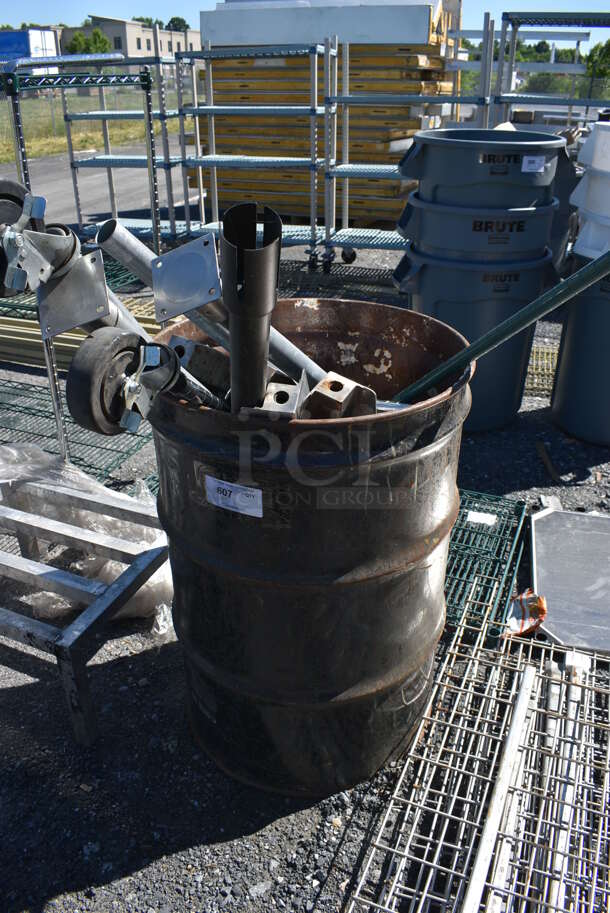 ALL ONE MONEY! Lot of Various Items Including Commercial Casters and Metal Rods in Metal Trash Can. 23x23x34