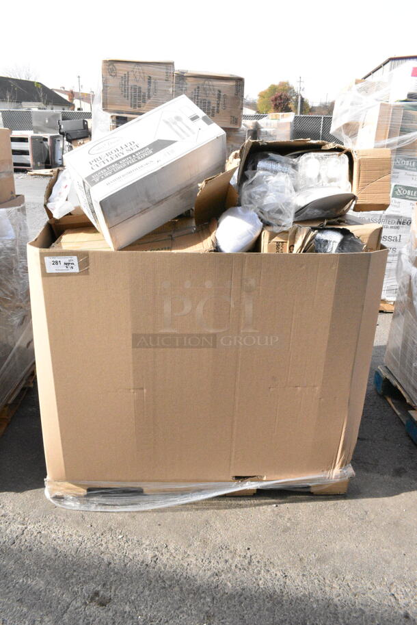 15 BRAND NEW Boxes Including 130ROLLKFSSH Visions 18" x 15 1/2" Pre-Rolled Linen-Feel White Napkin and Hammersmith Heavy Weight Silver Plastic Cutlery Set - 100/Case, Dart Clear Hinged Lid Containers. 15 Times Your Bid!  - Image 1 of 5