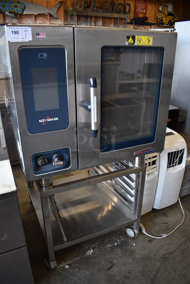 2017 Alto Shaam Model CTP6-10G Stainless Steel Commercial Natural Gas Powered Convection Oven w/ View Through Door on Metal Equipment Stand w/ Commercial Casters. 48,000 BTU. 36x35x63
