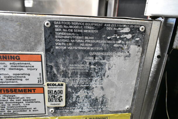 Vulcan 1TR85C Stainless Steel Commercial Floor Style Natural Gas Powered 90 Pound Deep Fat Fryer w/ 1 Metal Fry Basket on Commercial Casters. 90,000 BTU.  - Image 8 of 8