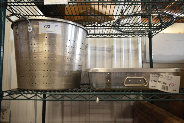 ALL ONE MONEY! Lot of 2 BRAND NEW Items Including 471ALRP2418 Choice 28 Qt. Aluminum Roaster Pan - 24" x 18" x 4 1/2" and Metal Straining Pot.  - Image 1 of 6