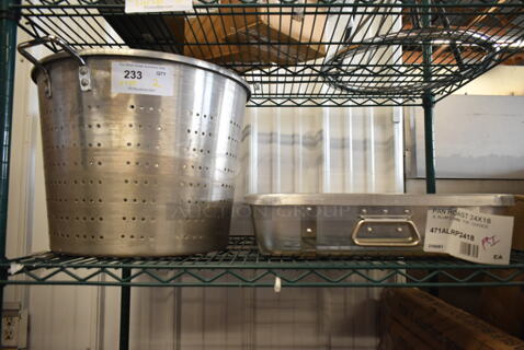 ALL ONE MONEY! Lot of 2 BRAND NEW Items Including 471ALRP2418 Choice 28 Qt. Aluminum Roaster Pan - 24" x 18" x 4 1/2" and Metal Straining Pot. 