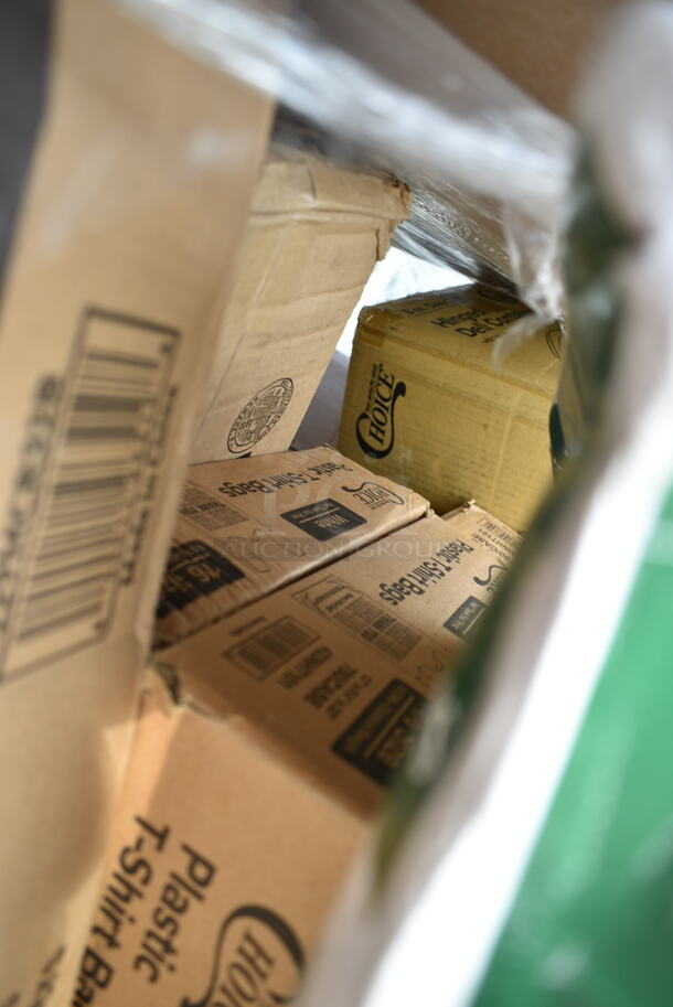 PALLET LOT of 20 BRAND NEW Boxes Including 347SLWG12A Visions 12 oz. Heavy Weight Clear Plastic Stemless Angled Wine Glass - 64/Case, 394365XL Noble Products Powder-Free Disposable Clear Vinyl Gloves for Foodservice - Extra Large - 1000/Case, 129MCR32B Choice 32 oz. Black Round Microwavable Heavy Weight Container with Lid 7 1/4" - 150/Case, 795PTOWHT1 Choice White Microwavable Folded Paper #1 Take-Out Container 4 3/8" x 3 1/2" x 2 1/2" - 450/Case, 126MF993B3C Ecopax 9" x 9" 3-Compartment Microwaveable Black Mineral-Filled Plastic Hinged Take-Out Container - 150/Case, 500CC16HW Choice Heavy Weight 16 oz. Clear Plastic Cold Cup - 1000/Case, Dart C53PST1 ClearSeal Hinged Lid Plastic Container 5 3/8" x 5 1/4" x 2 5/8" - 500/Case, 500TW16S Choice 16 oz. Translucent Thin Wall Squat Plastic Cold Cup - 1000/Case, 433NHT101 Choice 1/6 Standard Size White "Thank You" Standard-Duty Plastic T-Shirt Bag - 700/Case, 164VYCHAIRBK Lancaster Table & Seating Vineyard Series Smokey Black Outdoor Cross Back Chair, 127CH08F Choice 8 oz. Clear RPET Tall Hinged Deli Container - 200/Case, 5002CPTE Lavex 2-Ply White Center Pull Economy Paper Towel Roll, 500 Sheets / Roll - 6/Case, 394365M Noble Products Powder-Free Disposable Clear Vinyl Gloves for Foodservice - Medium - 1000/Case. 20 Times Your Bid!  - Image 6 of 12