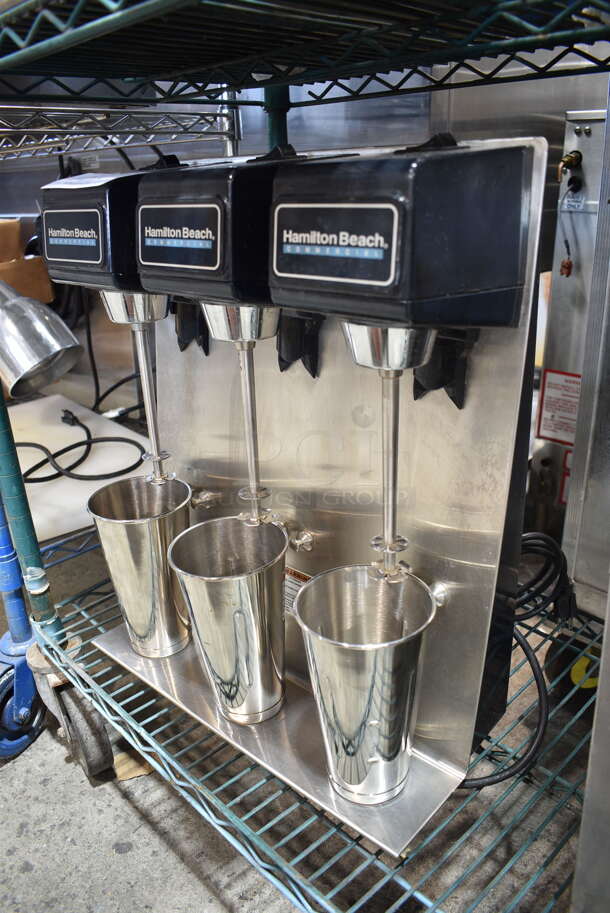 Hamilton Beach 950 Stainless Steel Commercial Countertop 3 Head Drink Mixer w/ 3 Stainless Steel Cups. 120 Volts, 1 Phase. Tested and Working! - Image 3 of 6