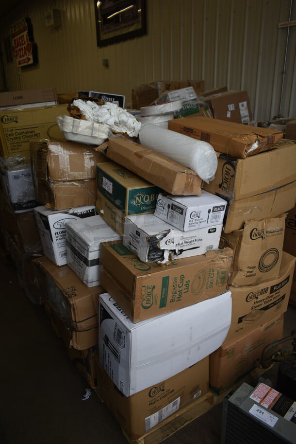 PALLET LOT of 30 BRAND NEW Boxes Including 50012C 12 oz. Coffee Print Poly Paper Hot Cup, 347SP10WH Visions Florence 10" Square White Plastic Plate - 120/Case, 394365XL Noble X Large Gloves, 50020W Choice 20 oz. White Poly Paper Hot Cup - 600/Case, 500CC12 Choice Clear PET Customizable Plastic Cold Cup - 12 oz. - 1000/Case, 500TW5 Choice 5 oz. Translucent Thin Wall Plastic Cold Cup - 2500/Case, 130BKFSNH Visions Heavy Weight Black Wrapped Plastic Cutlery Pack with Napkin - 500/Case, 130ROLLKFSSC Visions 18" x 15 1/2" Pre-Rolled Linen-Feel White Napkin and Classic Heavy Weight Silver Plastic Cutlery Set - 100/Case, 394385XL X Large Powder-Free Disposable Latex Gloves, 395L1020BGS Choice Hot Cup Lids, 130SERVSP8BK Choice 8 1/2" Black Disposable Plastic Serving Spoon - 72/Case, 130BFORK Choice Medium Weight Black Plastic Fork - 1000/Case, 612605070HD Full Size Heavy-Duty Foil Steam Table Pan Deep 3 3/8" Depth, 395TO661 Heavy duty foil steam table pans, Choice Portion Cup Lids, 1002218-EO Shopping Bags, 795PTOKFT8 Choice Kraft Microwavable Folded Paper #8 Take-Out Container 6" x 4 5/8" x 2 1/2" - 300/Case, 130ROLLKFSCL Compostable Sugarcane / Bagasse Take-Out Container, 500LFLATPLA Plastic Lid With Straw Slot, 433BR1852SACK Paper Barrel Sack, 500CC32 Choice HD 32 oz. Tall Heavy Weight Clear PET Plastic Cold Cup - 300/Case, 4339BULK Choice 9" White Uncoated Paper Plate - 1000/Case, 999SP10CL Visions 10" Square Plates. 30 Times Your Bid! - Image 1 of 12
