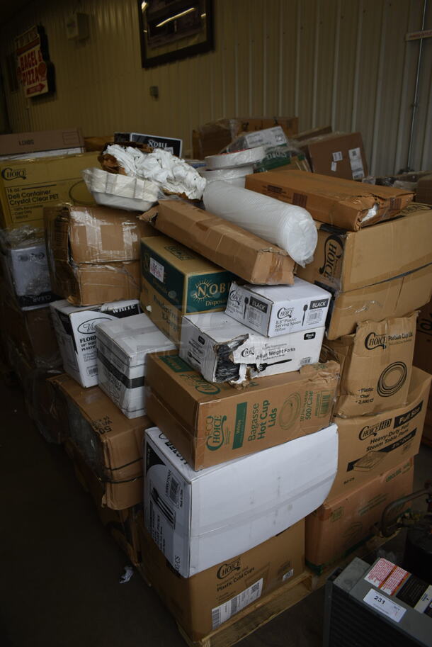 PALLET LOT of 30 BRAND NEW Boxes Including 50012C 12 oz. Coffee Print Poly Paper Hot Cup, 347SP10WH Visions Florence 10