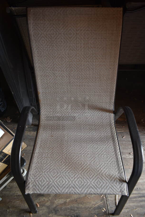 10 Light Brown / Tan Patio Chairs on Black Metal Frame. Stock Picture - Cosmetic Condition May Vary. 10 Times Your Bid! (outside shed) - Image 3 of 3