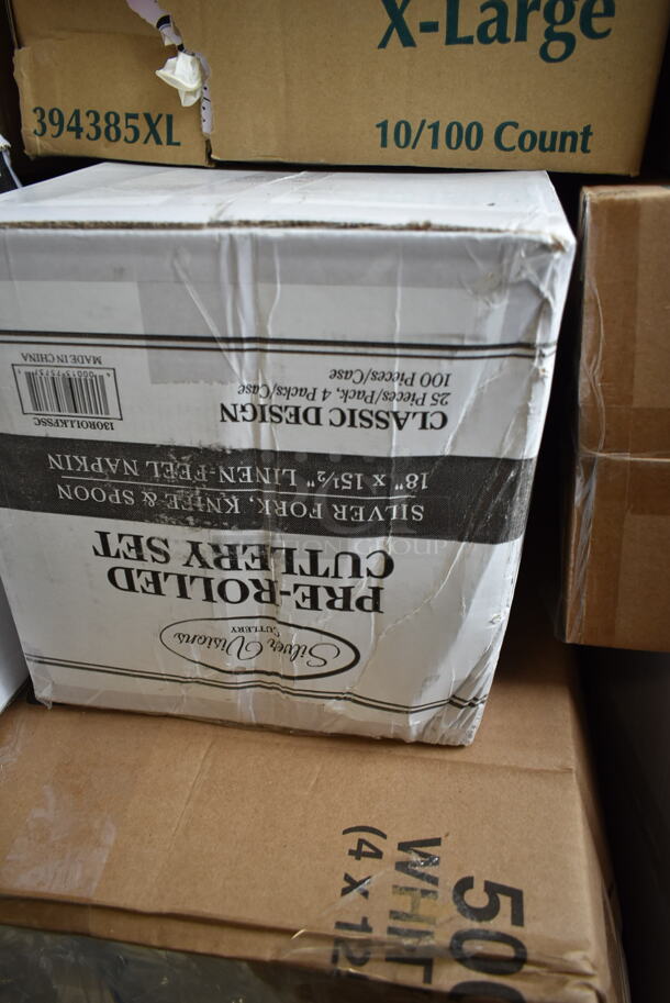 PALLET LOT of 30 BRAND NEW Boxes Including 50012C 12 oz. Coffee Print Poly Paper Hot Cup, 347SP10WH Visions Florence 10" Square White Plastic Plate - 120/Case, 394365XL Noble X Large Gloves, 50020W Choice 20 oz. White Poly Paper Hot Cup - 600/Case, 500CC12 Choice Clear PET Customizable Plastic Cold Cup - 12 oz. - 1000/Case, 500TW5 Choice 5 oz. Translucent Thin Wall Plastic Cold Cup - 2500/Case, 130BKFSNH Visions Heavy Weight Black Wrapped Plastic Cutlery Pack with Napkin - 500/Case, 130ROLLKFSSC Visions 18" x 15 1/2" Pre-Rolled Linen-Feel White Napkin and Classic Heavy Weight Silver Plastic Cutlery Set - 100/Case, 394385XL X Large Powder-Free Disposable Latex Gloves, 395L1020BGS Choice Hot Cup Lids, 130SERVSP8BK Choice 8 1/2" Black Disposable Plastic Serving Spoon - 72/Case, 130BFORK Choice Medium Weight Black Plastic Fork - 1000/Case, 612605070HD Full Size Heavy-Duty Foil Steam Table Pan Deep 3 3/8" Depth, 395TO661 Heavy duty foil steam table pans, Choice Portion Cup Lids, 1002218-EO Shopping Bags, 795PTOKFT8 Choice Kraft Microwavable Folded Paper #8 Take-Out Container 6" x 4 5/8" x 2 1/2" - 300/Case, 130ROLLKFSCL Compostable Sugarcane / Bagasse Take-Out Container, 500LFLATPLA Plastic Lid With Straw Slot, 433BR1852SACK Paper Barrel Sack, 500CC32 Choice HD 32 oz. Tall Heavy Weight Clear PET Plastic Cold Cup - 300/Case, 4339BULK Choice 9" White Uncoated Paper Plate - 1000/Case, 999SP10CL Visions 10" Square Plates. 30 Times Your Bid! - Image 8 of 12