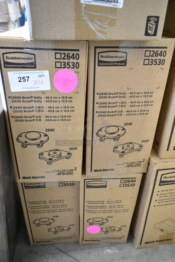 4 BRAND NEW SCRATCH AND DENT! Boxes of Rubbermaid FG264000BLA BRUTE Trash Can Dolly and Rubbermaid FG353000BLA BRUTE Black Square Trash Can Dolly. 4 Times Your Bid!  - Image 2 of 5