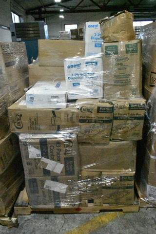 PALLET LOT of 20 BRAND NEW Boxes Including H7658HC, 2 Box 760SOUP8WPA Choice 8 oz. White Double Poly-Coated Paper Food Cup with Vented Paper Lid - 250/Case, 966UPWIDEB-500 OneUp by Choice White 1-Ply Wide Interfold 6 1/2" x 8 1/2" Dispenser Napkin - 6000/Case, Dart Conex Complements 400PC 4 oz. Clear Plastic Souffle / Portion Cup - 2500/Case, 356B763FDIF Delco Heavy Dominion by 1880 Hospitality B763FDIF 7 1/8" 18/0 Stainless Steel Heavy Weight Dinner Fork - 36/Case, 2 Box 612FS7800 Choice Full Size Foil Steam Table Pan Medium 2 3/16" Depth - 50/Case, 2 Box 795PTOKFT3 Choice Kraft Microwavable Folded Paper #3 Take-Out Container 7 3/4" x 5 1/2" x 2 1/2" - 200/Case, 612509PCO Choice 9" Round Standard Weight Foil Take-Out Pan with Dome Lid - 200/Case, 612FS7800 Choice Full Size Foil Steam Table Pan Medium 2 3/16" Depth - 50/Case, 4 Box 130WSPOON Choice Medium Weight White Plastic Teaspoon - 1000/Case, 0700602 Dispenser, 394325L Noble NexGen Powder-Free Disposable Blue Hybrid 3 Mil Thick Gloves - Large - 1000/Case, 3 Box 500MFTN Lavex Natural Brown Kraft M-Fold (Multifold) Towel - 4000/Case. 20 Times Your Bid! 