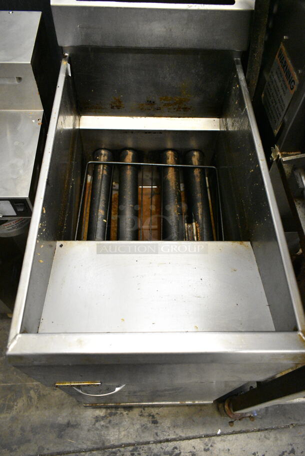 Pitco Frialator Stainless Steel Commercial Floor Style Natural Gas Powered Deep Fat Fryer w/ 2 Metal Fry Baskets on Commercial Casters.  - Image 4 of 9