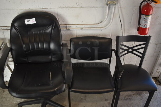 3 Various Black Chairs; Office Chair on Casters, Chair w/ Arm Rests and Dining Chair. Includes 26x25x42. 3 Times Your Bid!