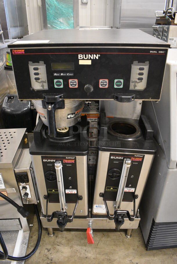 Bunn Model DUAL SH DBC Stainless Steel Commercial Countertop Coffee Machine w/ Hot Water Dispenser, 2 Satellite Servers and Metal Brew Basket. 120/208 Volts, 1 Phase. 18x21x36
