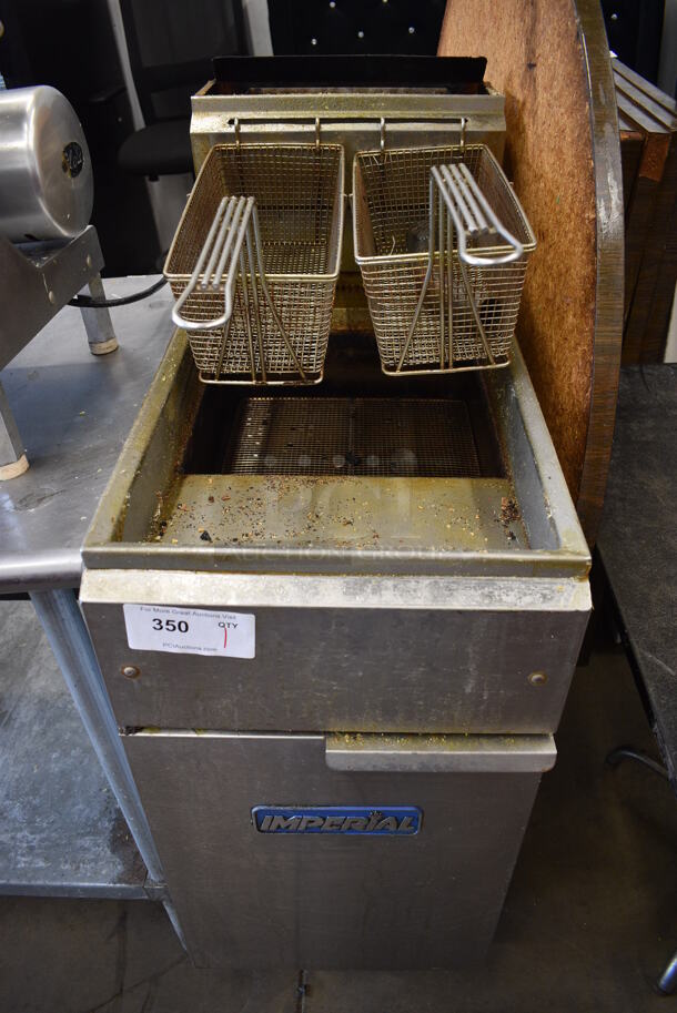 Imperial Stainless Steel Commercial Floor Style Natural Gas Powered Deep Fat Fryer w/ 2 Metal Fry Baskets. 15.5x30x48