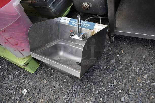 Stainless Steel Commercial Single Bay Wall Mount Sink w/ Faucet, Handles and Side Splash Guards. - Image 2 of 4