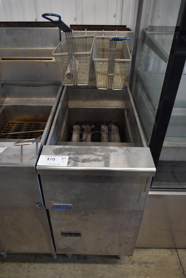 2015 Pitco Frialator SG14 Stainless Steel Commercial Floor Style Natural Gas Powered Deep Fat Fryer w/ 2 Metal Fry Baskets. 110,000 BTU. - Image 1 of 5