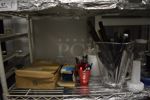 White 5 Tier Wire Shelving Unit w/ Contents Including Soup, Utensils and Receipt Paper Rolls. BUYER MUST REMOVE. BUYER MUST DISMANTLE. PCI CANNOT DISMANTLE FOR SHIPPING. PLEASE CONSIDER FREIGHT CHARGES. 48x18x75. (kitchen) - Image 5 of 10