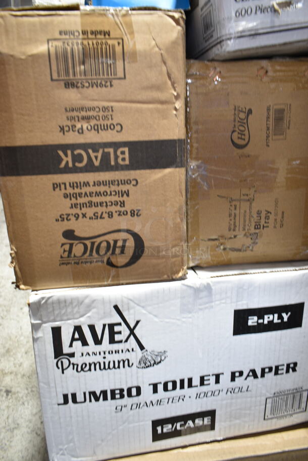 PALLET LOT of 24 BRAND NEW Boxes Including 395RP07 EcoChoice Compostable Sugarcane / Bagasse 7" Plate - 1000/Case, 130LID18 Visions 18" Clear PET Plastic Round Catering Tray High Dome Lid - 25/Case, 2 Box Choice Printed Hot Cup Sleeves, 127RD16BULK Choice 16 oz. Customizable Microwavable Translucent Round Deli Container - 500/Case, 129MCS28B Choice 28 oz. Black Rectangular Microwavable Heavy Weight Container with Lid 8 3/4" x 6 1/4" x 1 3/4" - 150/Case, Choice Blue Trays, 5002TPJPR1K Lavex Universal 2-Ply Jumbo 1000' Toilet Paper Roll with 8 1/2" Diameter - 12/Case, 100BTWINE Choice #24 Gauge Butcher Sausage Twine 2 lb. Spool, 130SVFRK600C Visions 7 1/4" Silver Classic Heavy Weight Silver Plastic Fork - 600/Case, 2 Box Small Vinyl Exam Gloves, 760PCC03W Choice White Poly Paper Cold Cup. 24 Times Your Bid! - Image 8 of 12